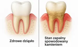 Porównanie zdrowego zęba z zapaleniem spowodowanym kamieniem nazębnym. Usuwanie kamienia poddziąsłowego jest kluczowe dla zdrowia.