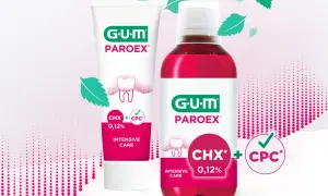 Zestaw GUM PAROEX: pasta do zębów i płyn do płukania jamy ustnej w intensywnej pielęgnacji.