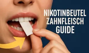 Kobieta umieszcza nikotynę na dziąsła. Żółta strzałka wskazuje kierunek.