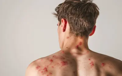 Pleśniawki po antybiotyku na karku i plecach młodego mężczyzny. Widoczne czerwone, zapalne zmiany skórne.