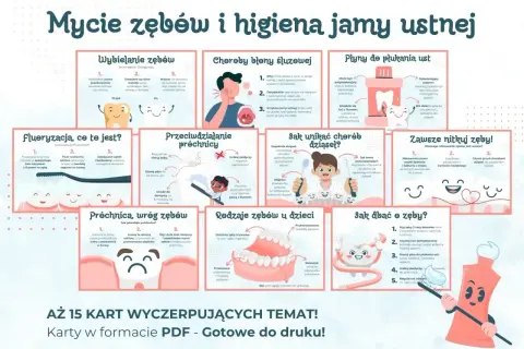 Ilustracja przedstawia kompleksowy poradnik dotyczący higieny jamy ustnej, od wybielania zębów po zapobieganie próchnicy i chorobom dziąseł.