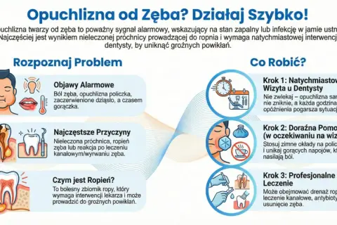 Ból zęba i opuchlizna policzka to sygnały alarmowe. Zobacz, jak rozpoznać problem i co robić, by uniknąć powikłań. Szybka wizyta u dentysty jest kluczowa.