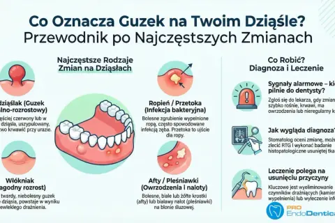 Ilustracja przedstawia ropień, czyli przetokę na dziąśle, która jest bolesnym zgrubieniem wypełnionym ropą, często spowodowanym infekcją zęba.