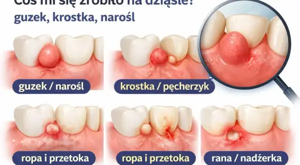 Ilustracja pokazuje różne stadia problemów z dziąsłami: guzek, krostkę, ropę i przetokę, aż do niegojących się ran w jamie ustnej.