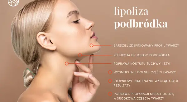 Kobieta z zaznaczonym obszarem podbródka, gdzie lipoliza poprawia kontur, redukuje drugi podbródek i wysmukla dolną część twarzy.