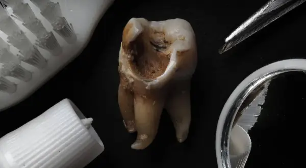 Zniszczony ząb z widocznymi czarnymi kreskami na powierzchni, obok szczoteczki, pasty i pęsety.