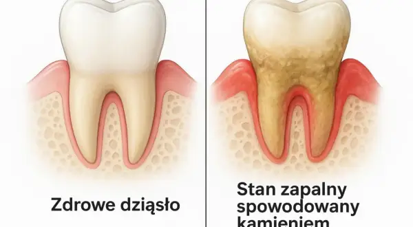Porównanie zdrowego zęba z zębem objętym stanem zapalnym spowodowanym kamieniem nazębnym. Czy kamień nazębny śmierdzi? Tak, może powodować nieprzyjemny zapach.