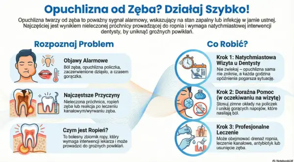 Opuchlizna policzka u dziecka to sygnał problemu z zębem. Grafika pokazuje objawy, przyczyny i kroki postępowania.