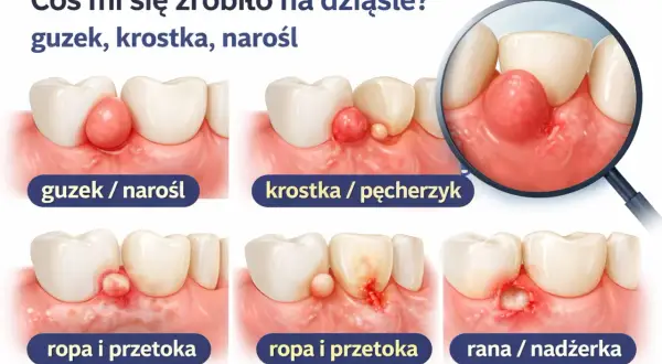 Ilustracja pokazuje różne zmiany na dziąśle: guzek, krostkę, ropę i przetokę, a także ranę. Widoczna jest dziura w zębie przy dziąśle.