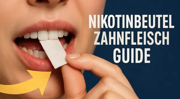 Kobieta umieszcza nikotynę na dziąsła. Żółta strzałka wskazuje kierunek.