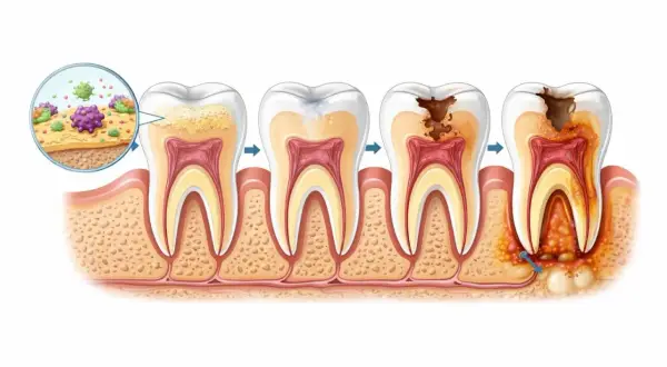 Postęp próchnicy: od osadu po ból zęba po słodkim, gdy bakterie niszczą szkliwo i docierają do nerwów.
