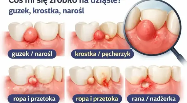 Ilustracja pokazuje różne stadia zapalenia jamy ustnej: guzek, krostkę, ropień i ranę na dziąśle.