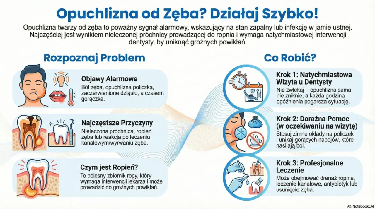 Ból zęba i opuchlizna policzka to sygnały alarmowe. Zobacz, jak rozpoznać problem i co robić, by uniknąć powikłań. Szybka wizyta u dentysty jest kluczowa.