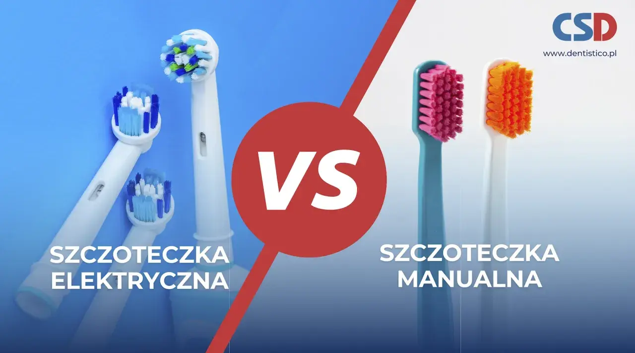 Porównanie: szczoteczka elektryczna czy zwykła? Po lewej kilka końcówek szczoteczek elektrycznych, po prawej dwie szczoteczki manualne.