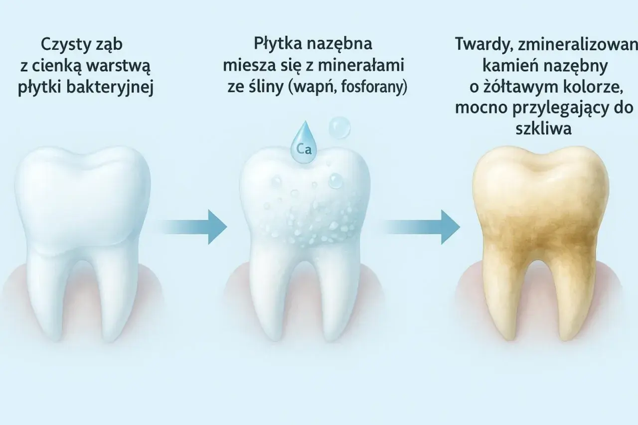 Proces powstawania kamienia nazębnego z płytki bakteryjnej i minerałów ze śliny, prowadzący do próchnicy.