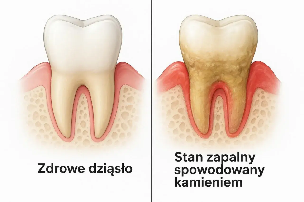 Porównanie zdrowego zęba z zębem objętym stanem zapalnym spowodowanym kamieniem nazębnym. Czy kamień nazębny śmierdzi? Tak, może powodować nieprzyjemny zapach.