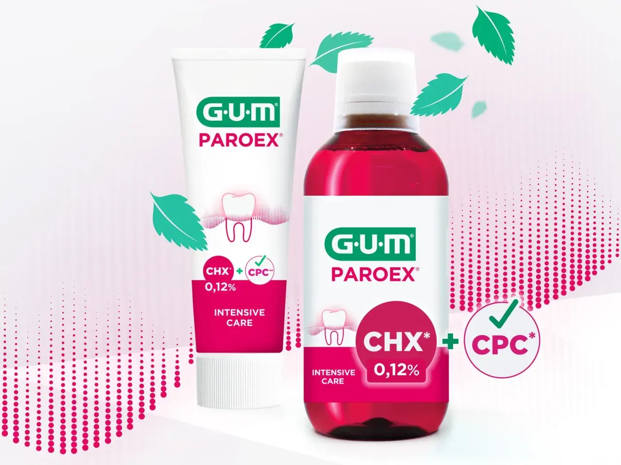 Zestaw GUM PAROEX: pasta do zębów i płyn do płukania jamy ustnej w intensywnej pielęgnacji.