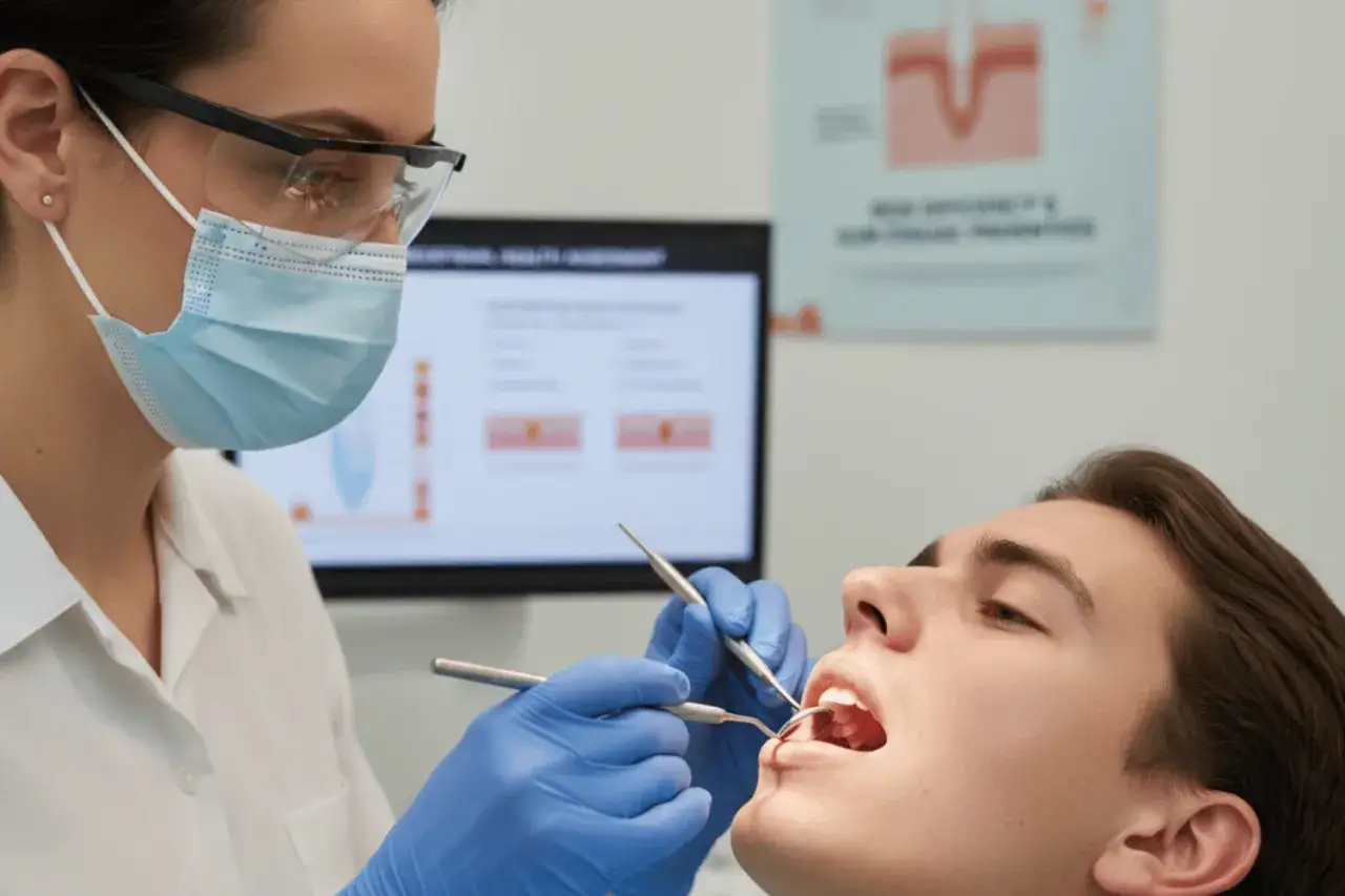 Dentysta bada pacjenta z krwawiącymi dziąsłami, wykluczając nowotw&oacute;r. Na ekranie komputera widoczne są dane medyczne.