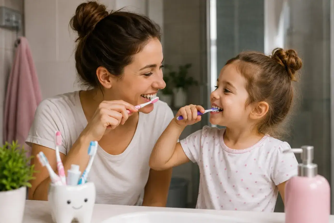 Mama i córka myją zęby, uśmiechając się do siebie. To świetny sposób, jak zachęcić dziecko do mycia zębów!