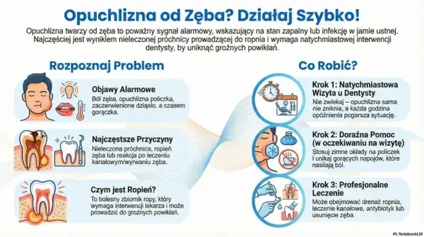Ból zęba i opuchlizna policzka to sygnały alarmowe. Zobacz, jak rozpoznać problem i co robić, by uniknąć powikłań. Szybka wizyta u dentysty jest kluczowa.