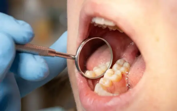 Dentysta bada zęby, szukając próchnicy między zębami. Widać odbicie zębów w lusterku dentystycznym.