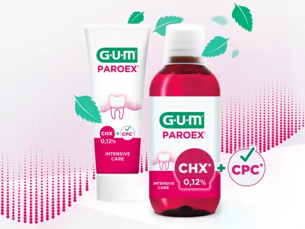Zestaw GUM PAROEX: pasta do zębów i płyn do płukania jamy ustnej w intensywnej pielęgnacji.