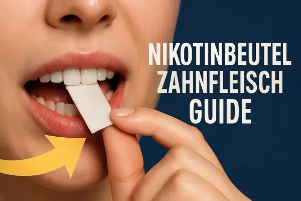 Kobieta umieszcza nikotynę na dziąsła. Żółta strzałka wskazuje kierunek.