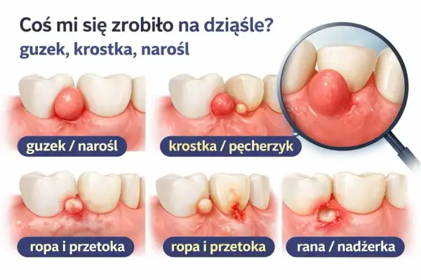 Ilustracje pokazują różne zmiany na dziąsłach: guzek, krostkę, ropę i przetokę, ranę. Mogą to być objawy podrażnień dziąseł.
